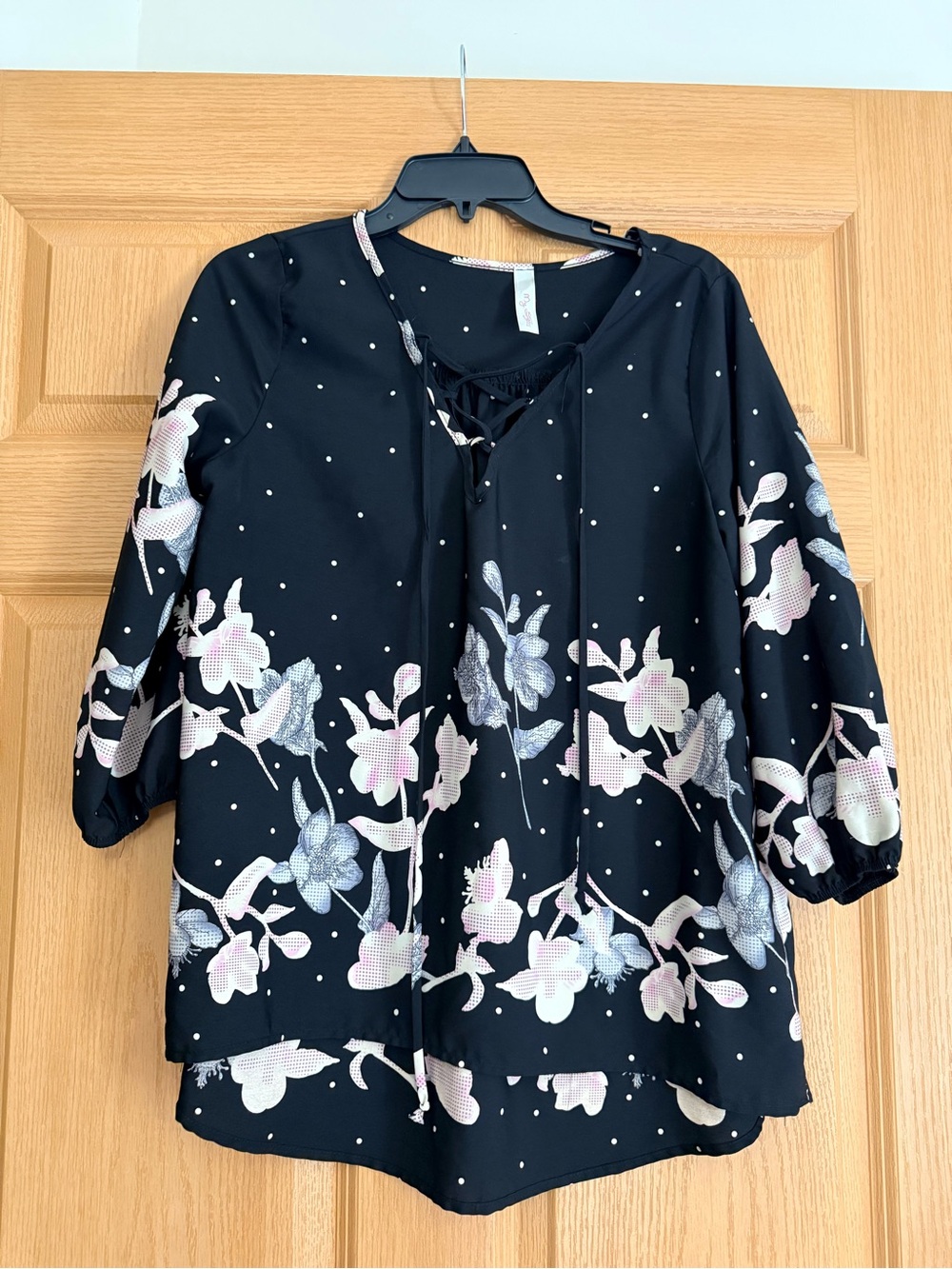My Story Black Floral Lace-Up Blouse with Pink and Blue Accents